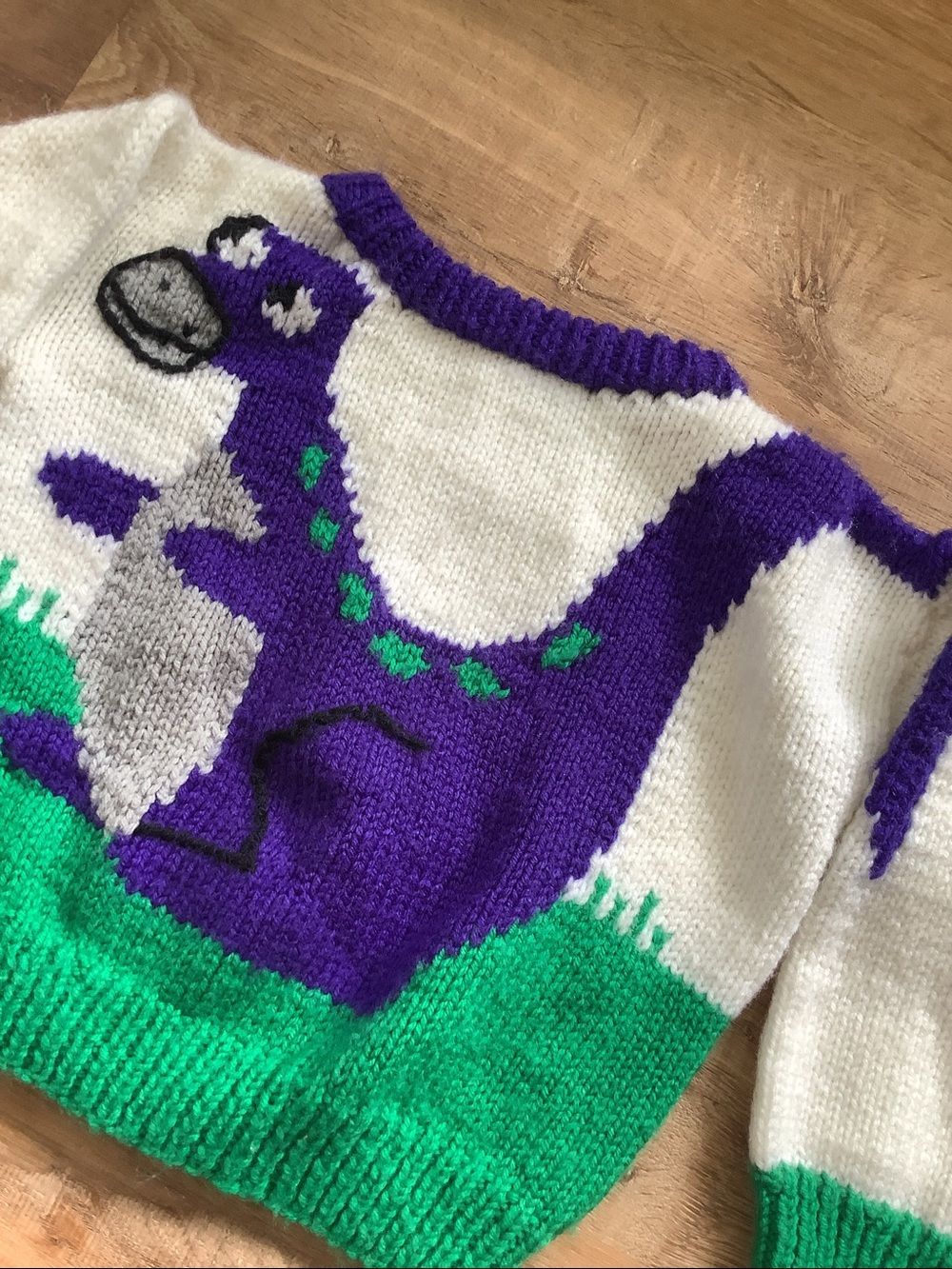Vintage 90s Handmade Wool Dinosaur Graphic Knit Sweater Toddler 3T